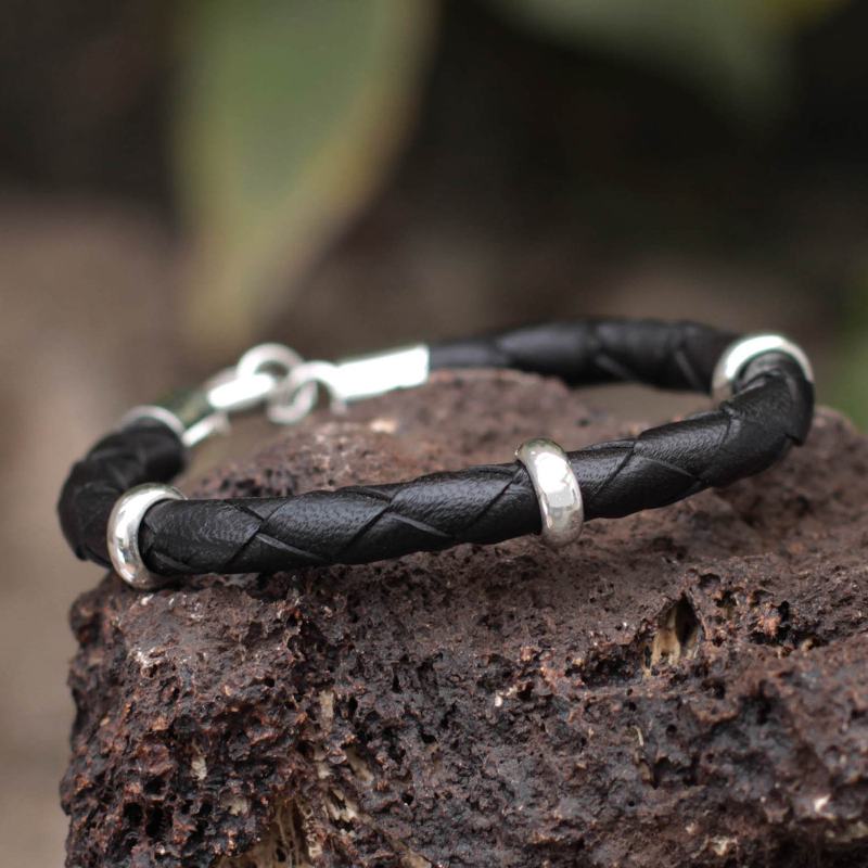 Collectible Men's Leather and Silver Wristband Bracelet, "Bold Black"