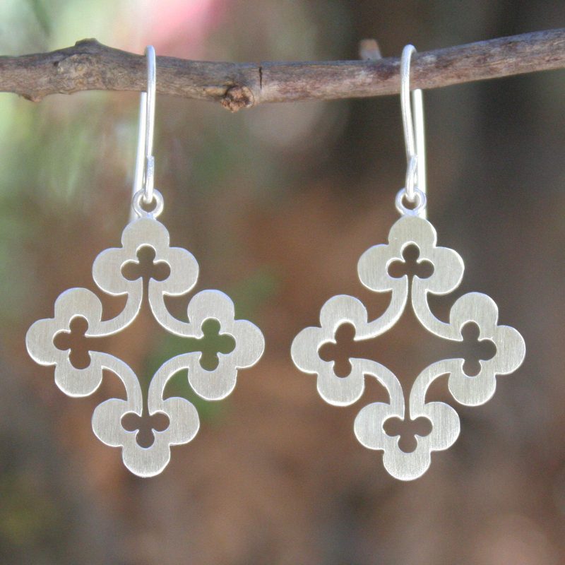 Thai Sterling Silver Dangle Earrings, "Floral Cross"