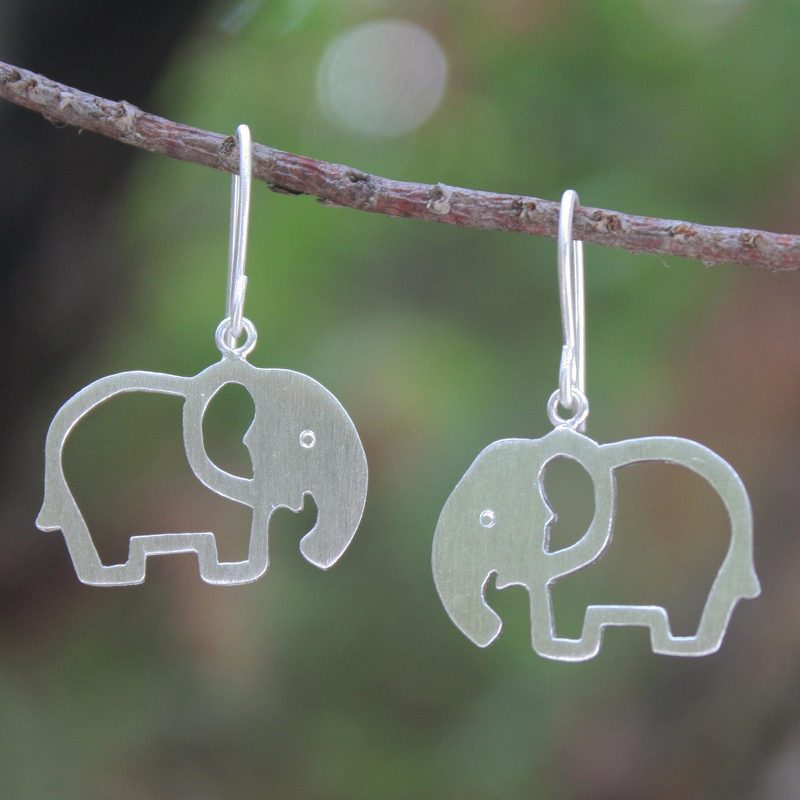 Unique Sterling Silver Dangle Earrings, "Moonlit Elephants"