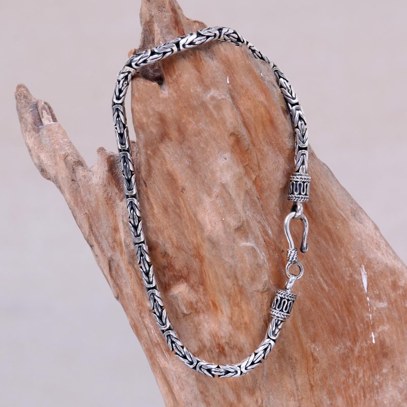 Artisan Crafted Men's Sterling Silver Chain Bracelet, "Borobudur Collection I"