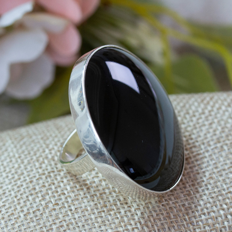 Outsized Mexican Fine Silver Cocktail Obsidian Ring, "New Moon over Taxco"
