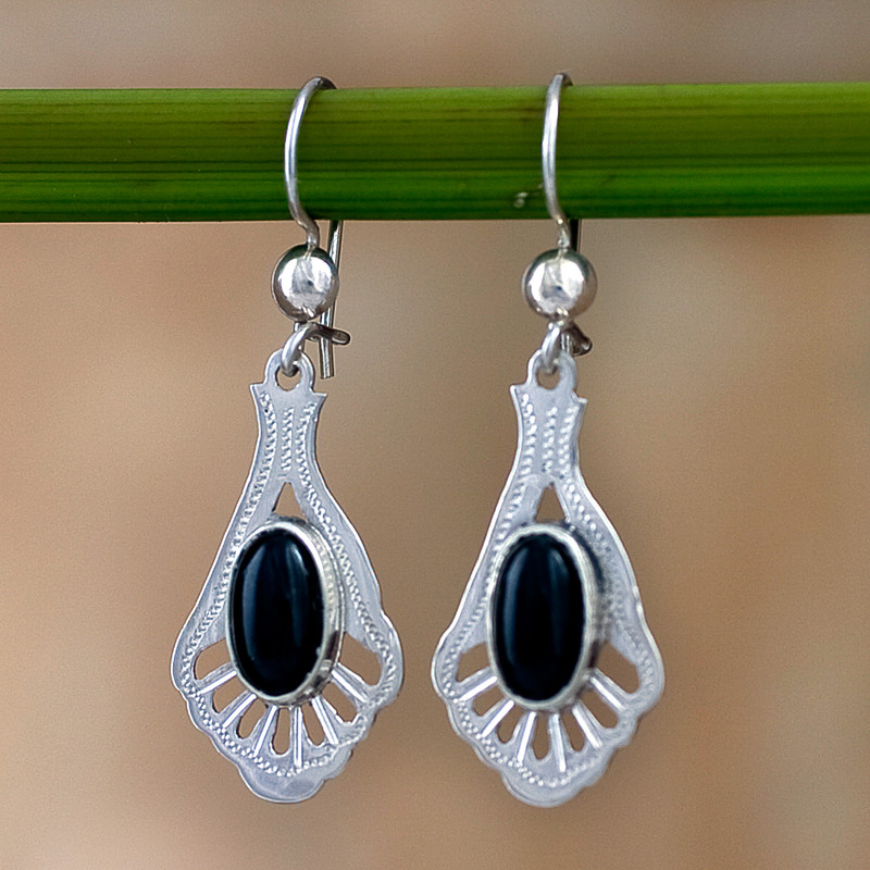 Unique Jade Dangle Earrings with Sterling Silver, "Black Peacock"
