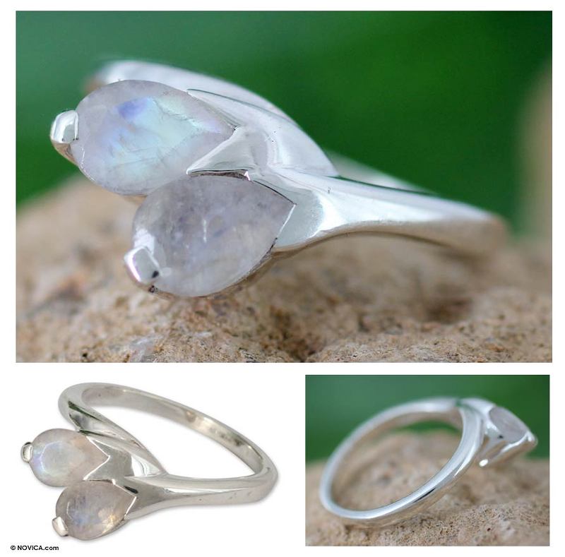 Moonstone and Sterling Silver Ring from India Modern Jewelry, "Rose of Passion"