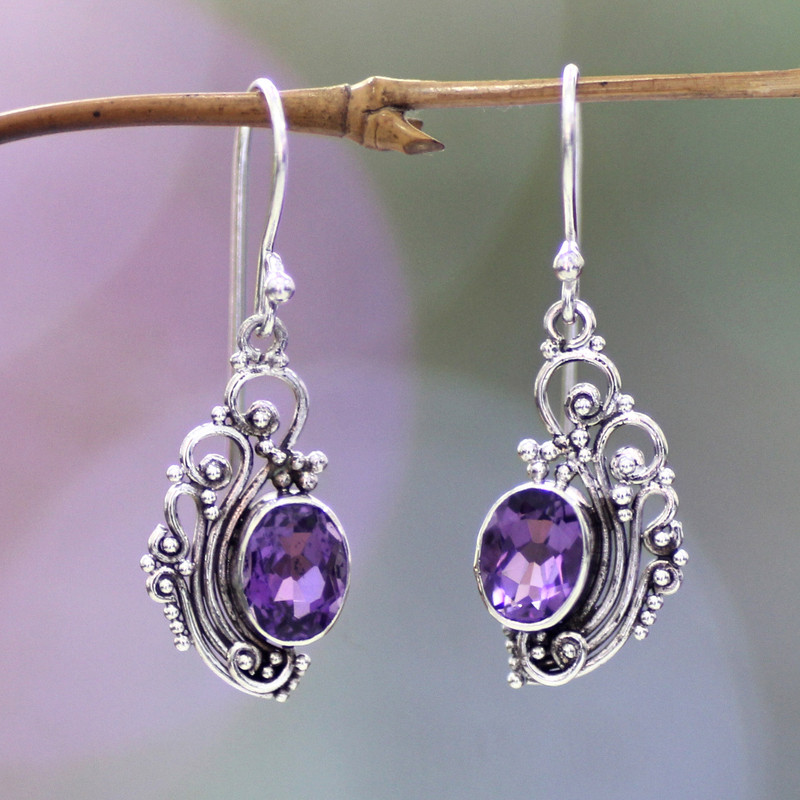 Women's Sterling Silver Dangle Amethyst Earrings, "Balinese Breezes"