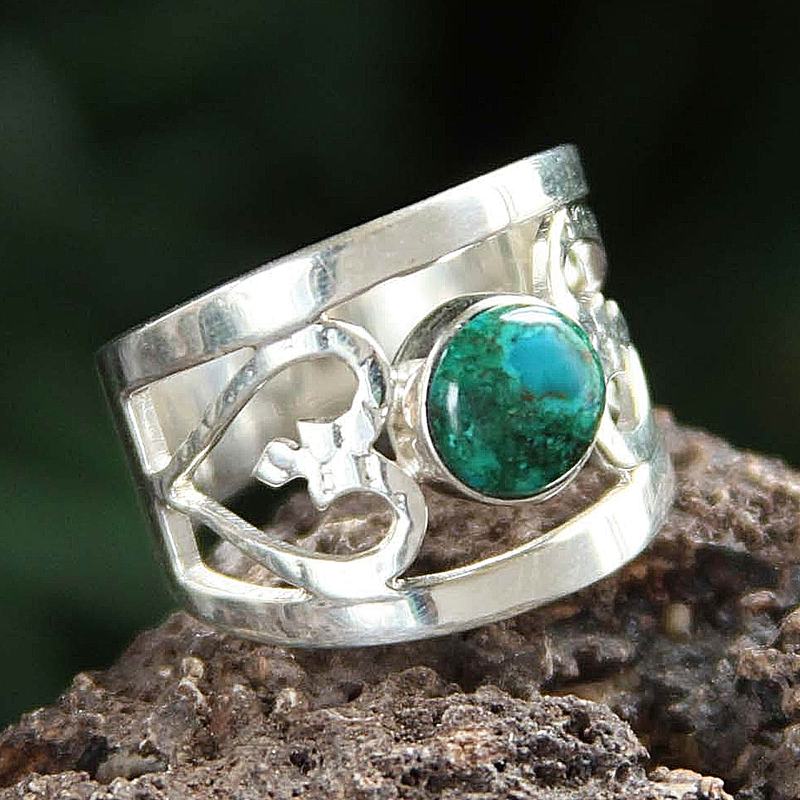 Unique Heart Shaped Sterling Silver Band Chrysocolla Ring, "Inseparable Love"