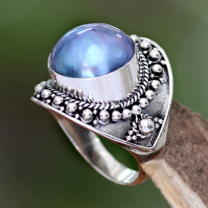 Unique Indonesian Sterling Silver and Pearl Cocktail Ring, "Blue Bali"