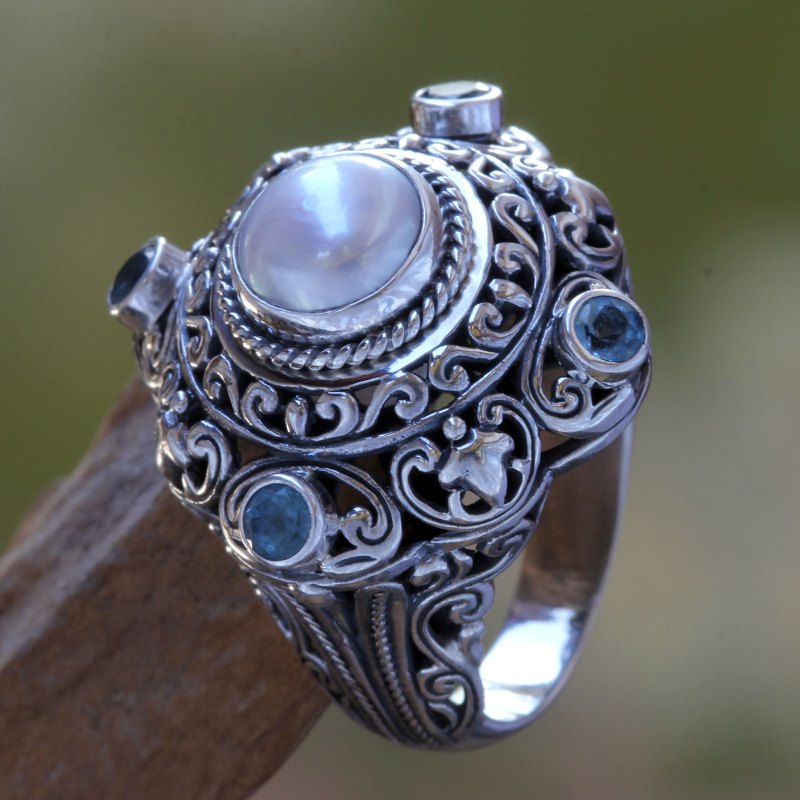 Pearl and Blue Topaz Cocktail RIng, "Mahameru"