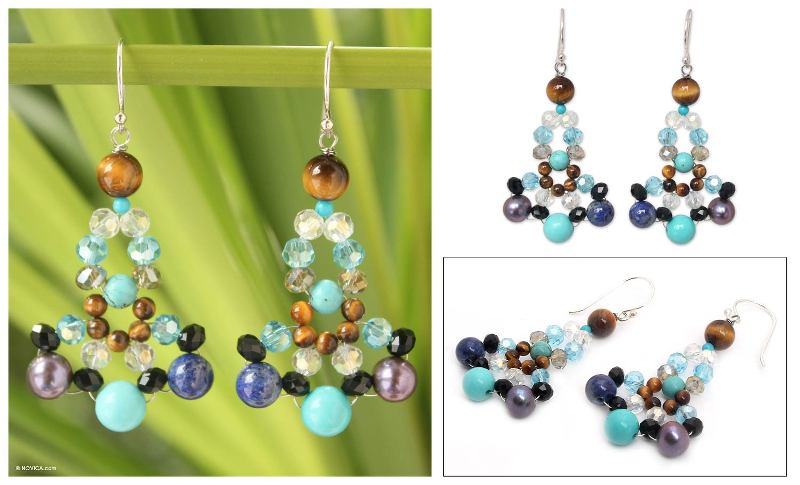 Tiger's eye and lapis lazuli beaded earrings, "Carnation Bouquet"
