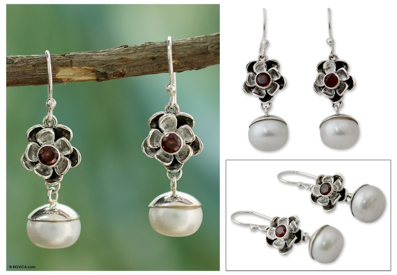 Unique Pearl and Garnet Flower Earrings, "Mumbai Bloom"
