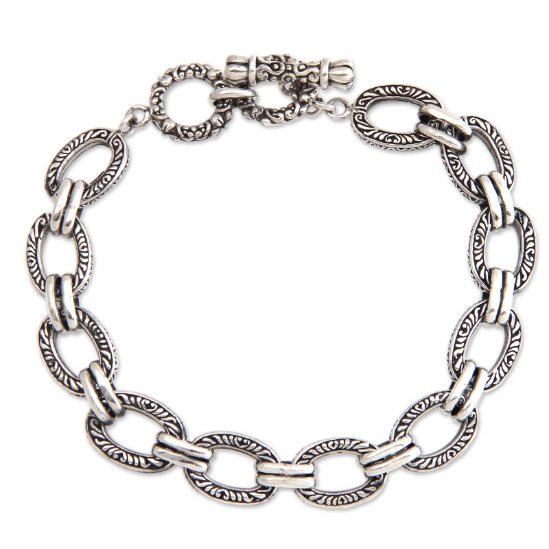Hand Crafted Men's Sterling Silver Link Bracelet from Bali, "Bali Memoirs"