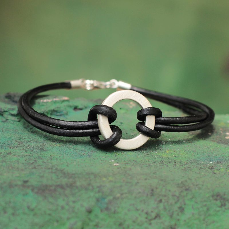 Sterling Silver Leather Wristband Men's Bracelet, "Harvest Moon"