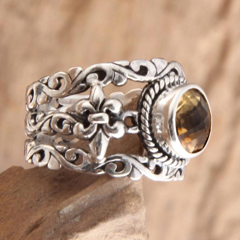 Unique Indonesian Citrine and Silver Cocktail Ring, "Golden Fleur de Lis"