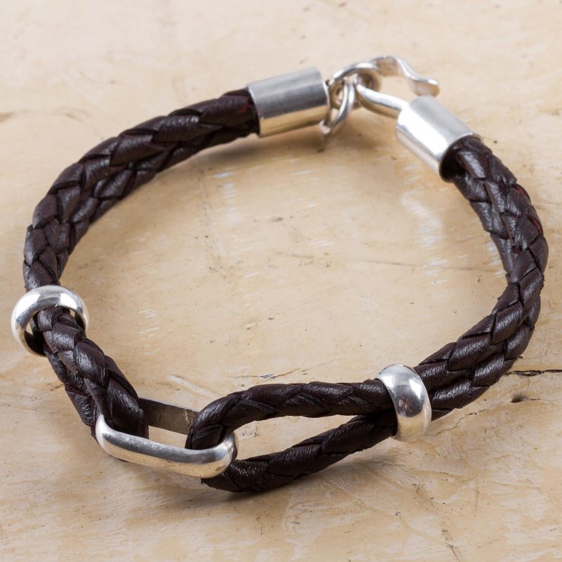 Handmade Men's Sterling Silver and Leather Bracelet, "Naturally"
