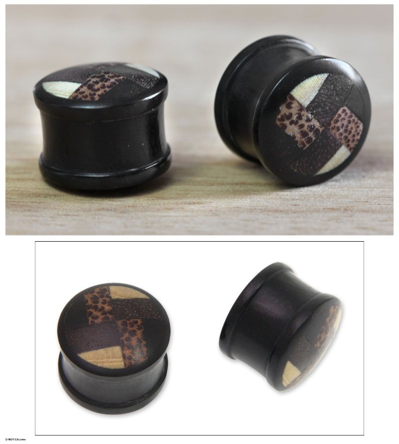 Wood and horn ear plugs, "Earth Textures"