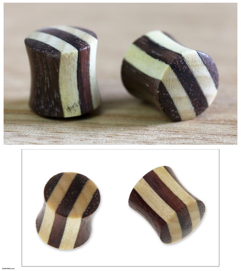 Teak ear plugs, "Natural Harlequin"