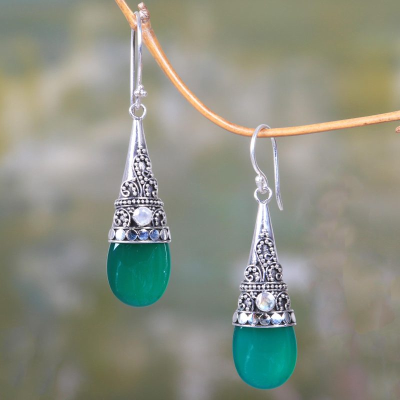 Sterling Silver and Green Onyx Earrings, "Bali Tradition"