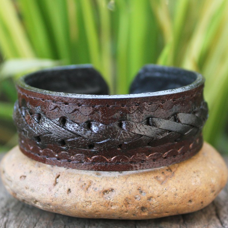 Men's Artisan Crafted Leather Cuff Bracelet, "Brown Braided Path"