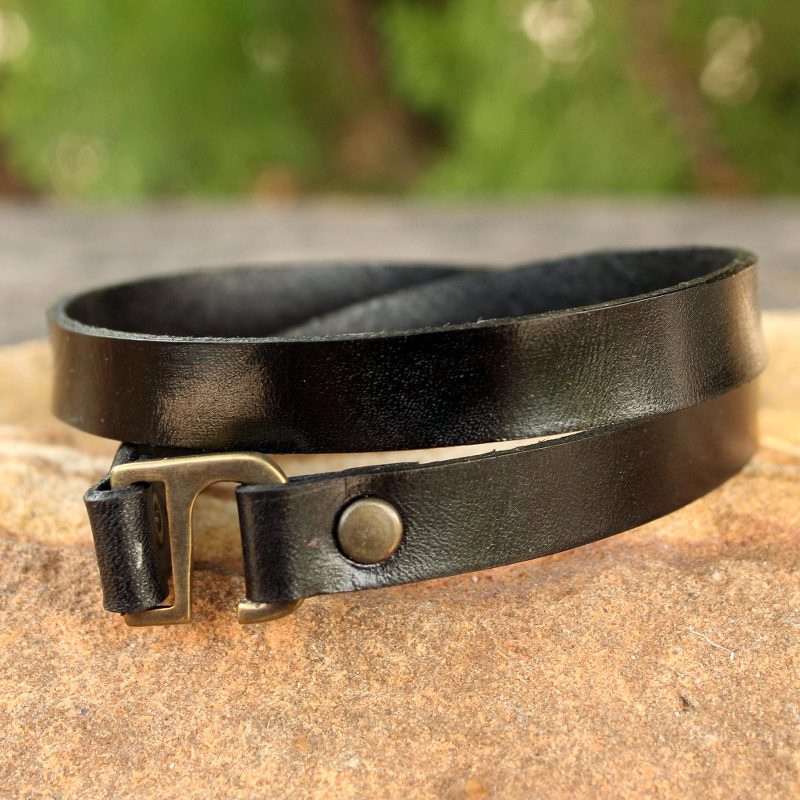 Men's Artisan Crafted Modern Leather Wrap Bracelet, "Enigma in Black"