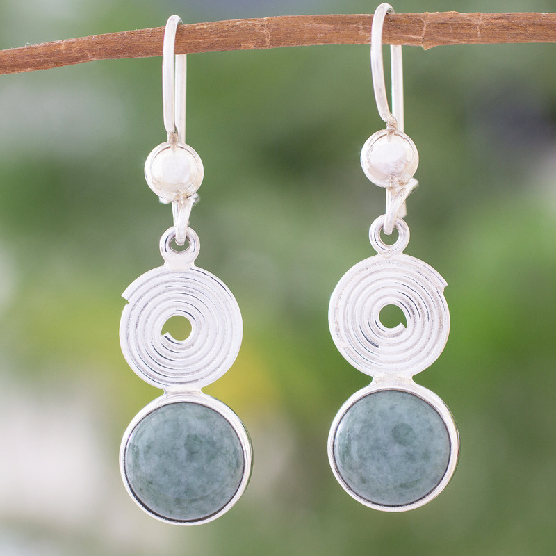 Light green jade dangle earrings, "Spiral of Life"