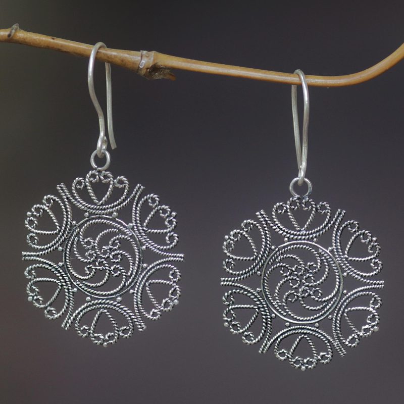 Sterling silver floral earrings, "Heart of Rose"