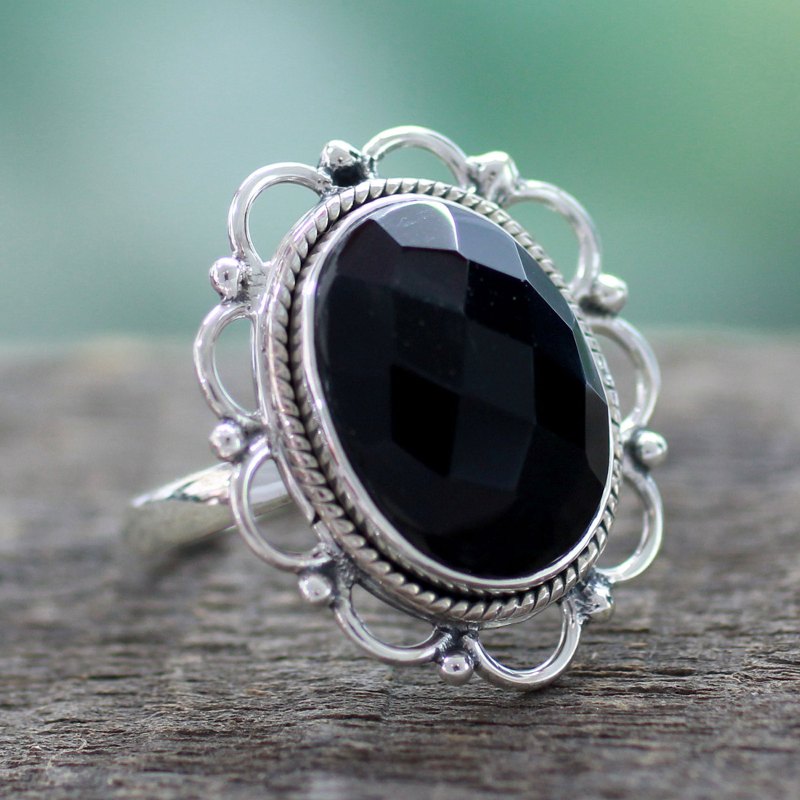 Onyx and Sterling Silver Flower Ring from India, "Midnight Blossom"