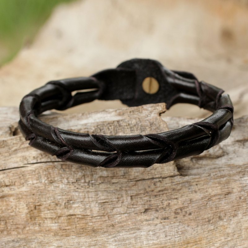 Handcrafted Black Braided Leather Bracelet for Men, "Night World"