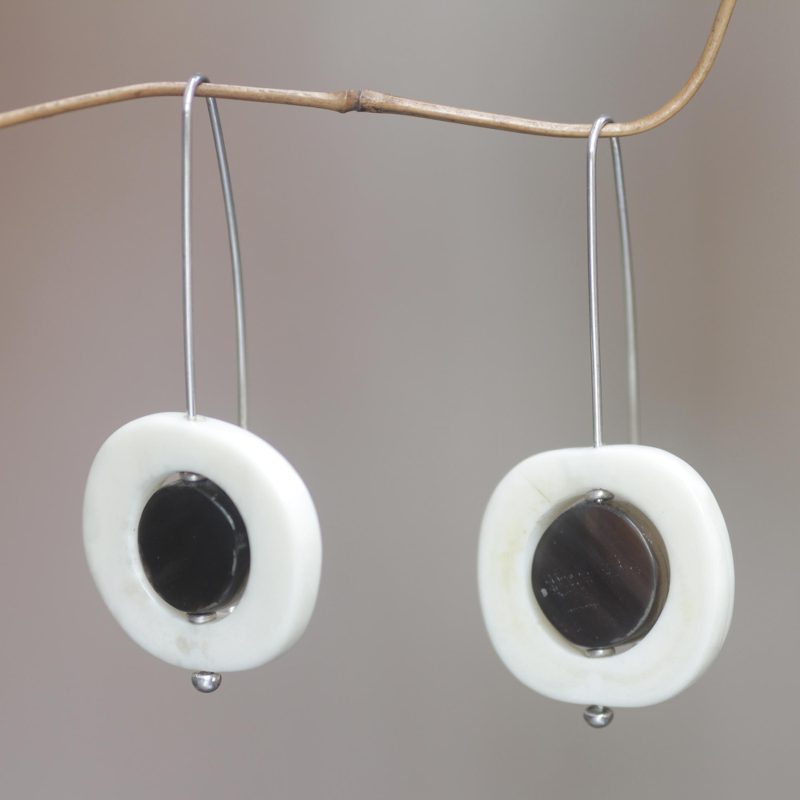 Handcrafted Bone Earrings with Water Buffalo Horn, "Owl"