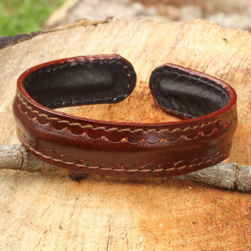 Brown Leather Cuff Bracelet for Men Hand-crafted in Thailand, "Solar Soul"