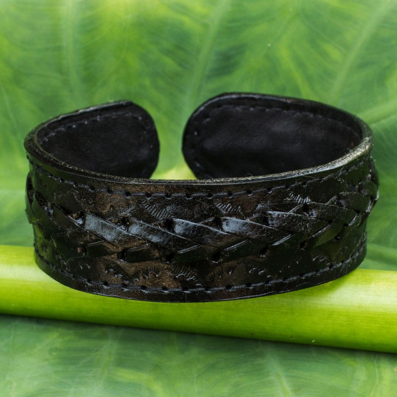 Fair Trade Black Leather Cuff Bracelet for Men, "Midnight Warrior"