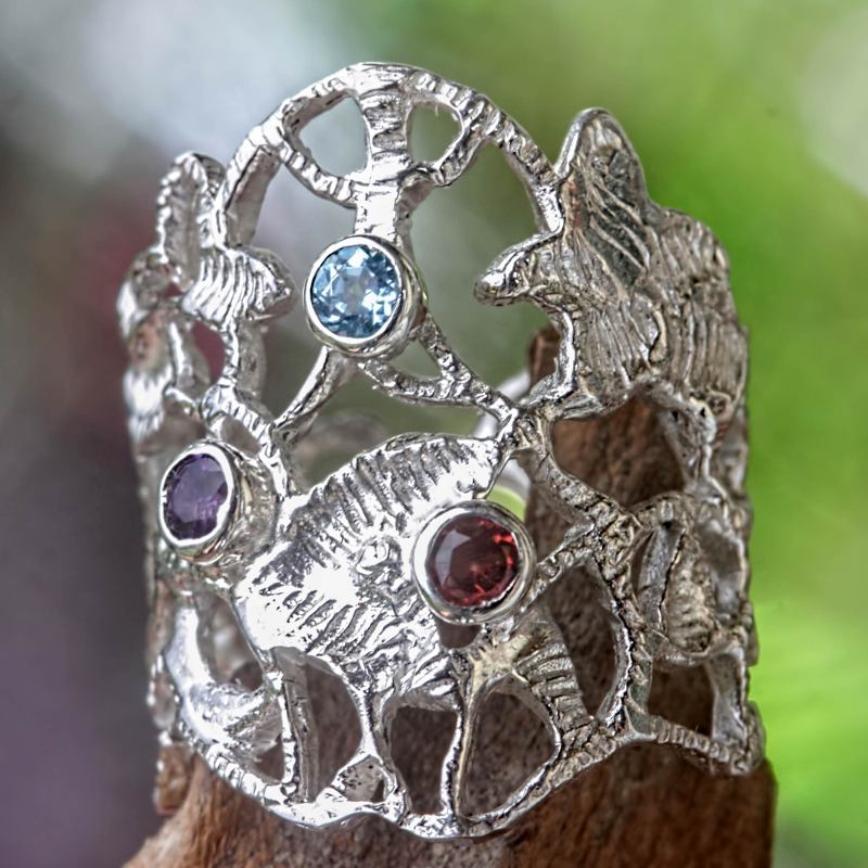 Wide Sterling Silver Ring with Amethyst Garnet and Topaz, "Baroque Bali"