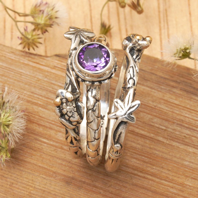 Amethyst and Sterling Silver Stacking Rings (set of 3), "Tree Frog"