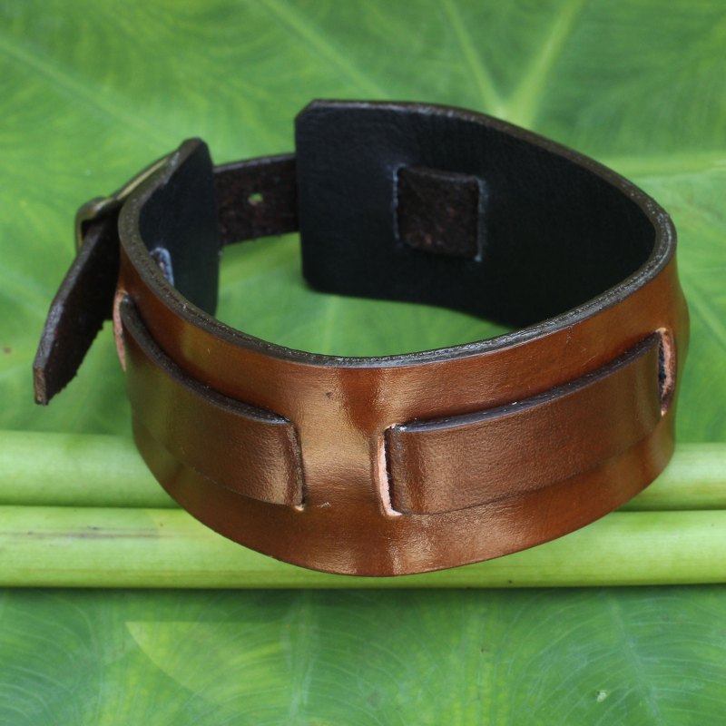Men's Artisan Crafted Leather Wristband Bracelet, "Lanna Warrior in Brown"