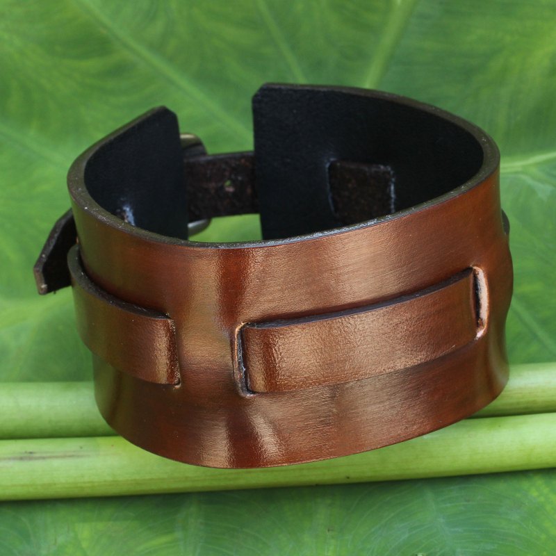 Men's Artisan Crafted Leather Wristband Bracelet, "Wider Lanna Warrior in Brown"