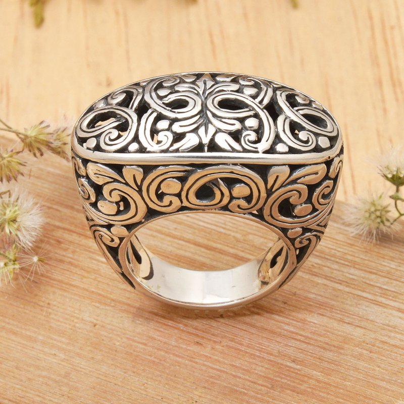 Women's Sterling Silver Signet Ring from Bali, "Forest Gate"
