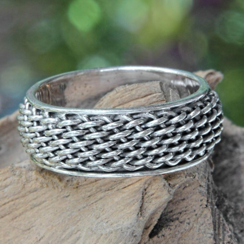 Women's Woven Silver Band Ring, "Amlapura Weave"