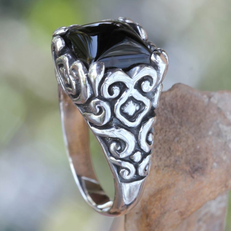 Onyx and Sterling Silver Cocktail Ring from Bali, "Temple Goddess"