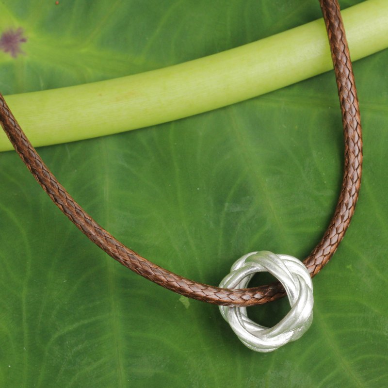 Brushed Satin Sterling Silver Pendant Necklace for Men, "Endless Knot"