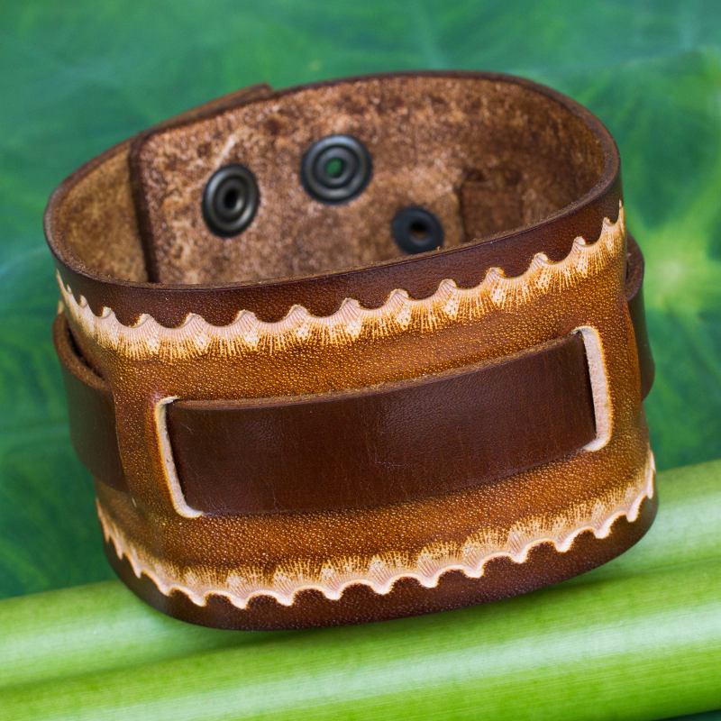 Hand Tooled Brown Leather Bracelet for Men, "Western Quest"