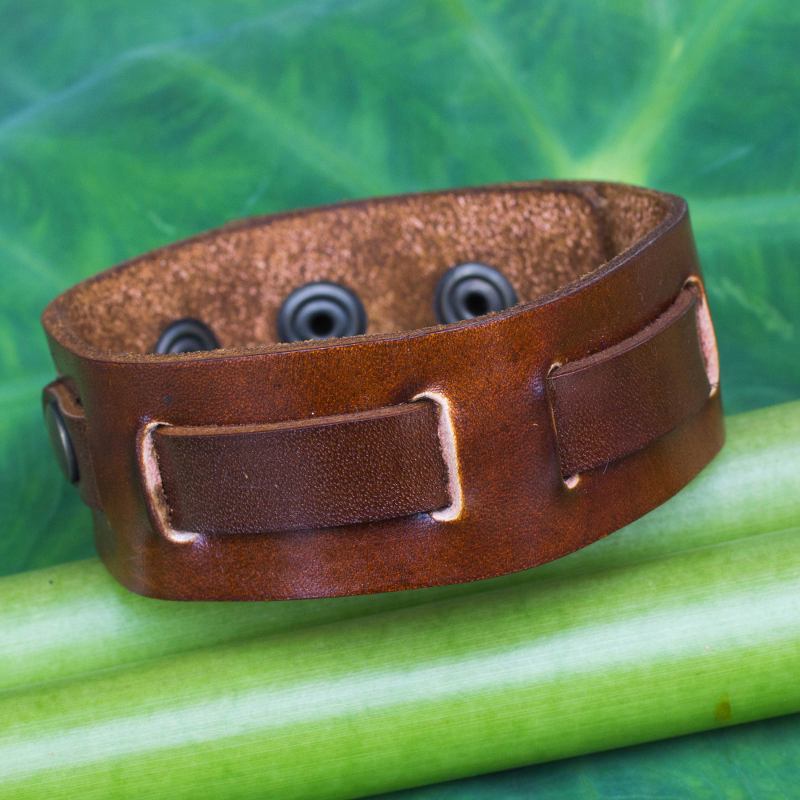 Fair Trade Men's Brown Leather and Brass Adjustable Bracelet, "Journey"
