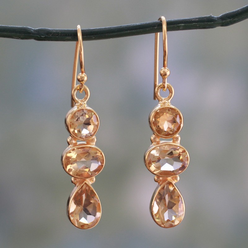 22k Gold Plated Dangle Earrings with Citrine Gems, "Golden Dazzle"