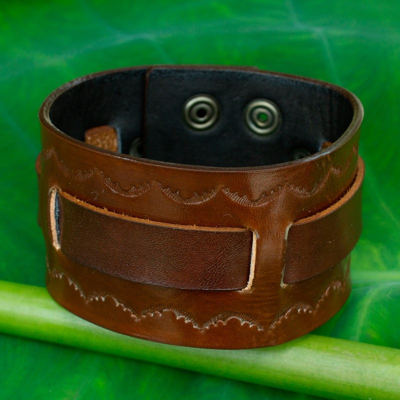 Hand Tooled Brown Leather Wristband Bracelet for Men, "Western Brown"