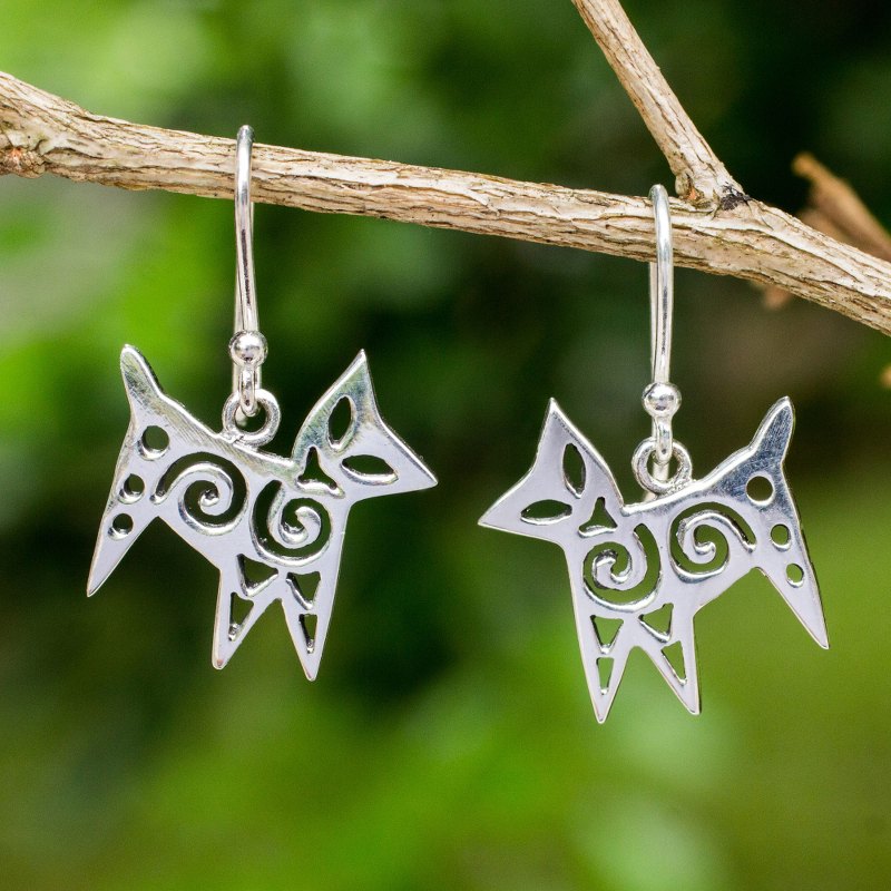 Thai Handcrafted Openwork Sterling Silver Stylized Earrings, "Chic Cat"