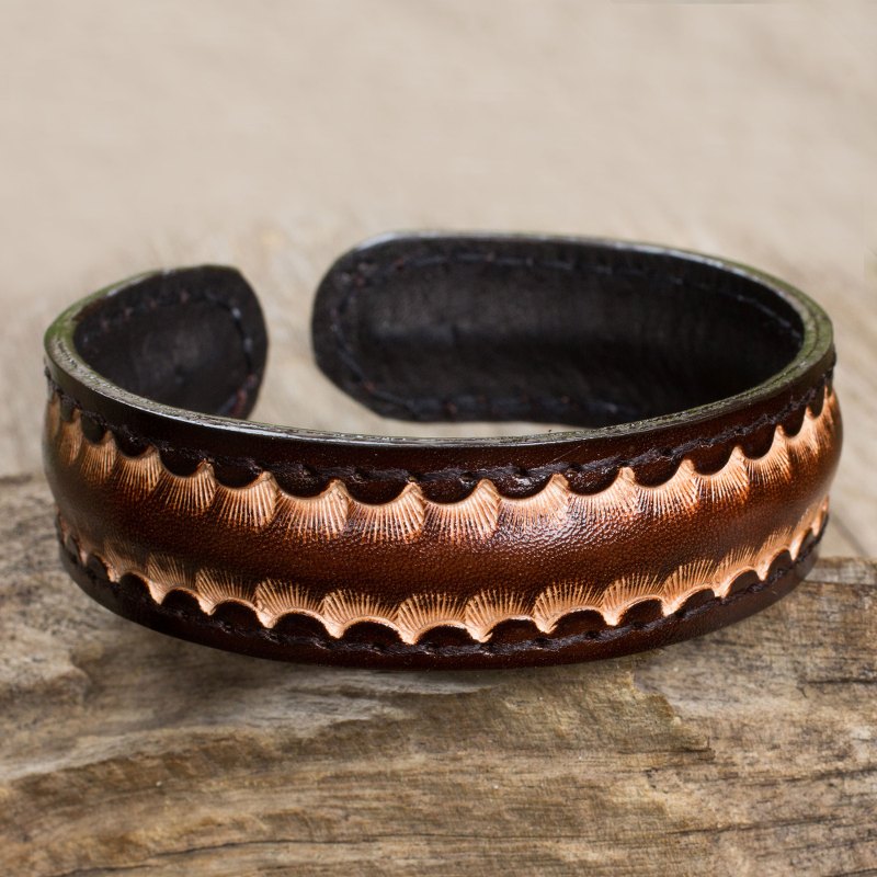 Dark Brown Leather Cuff Bracelet for Men from Thailand, "Dark Warrior"
