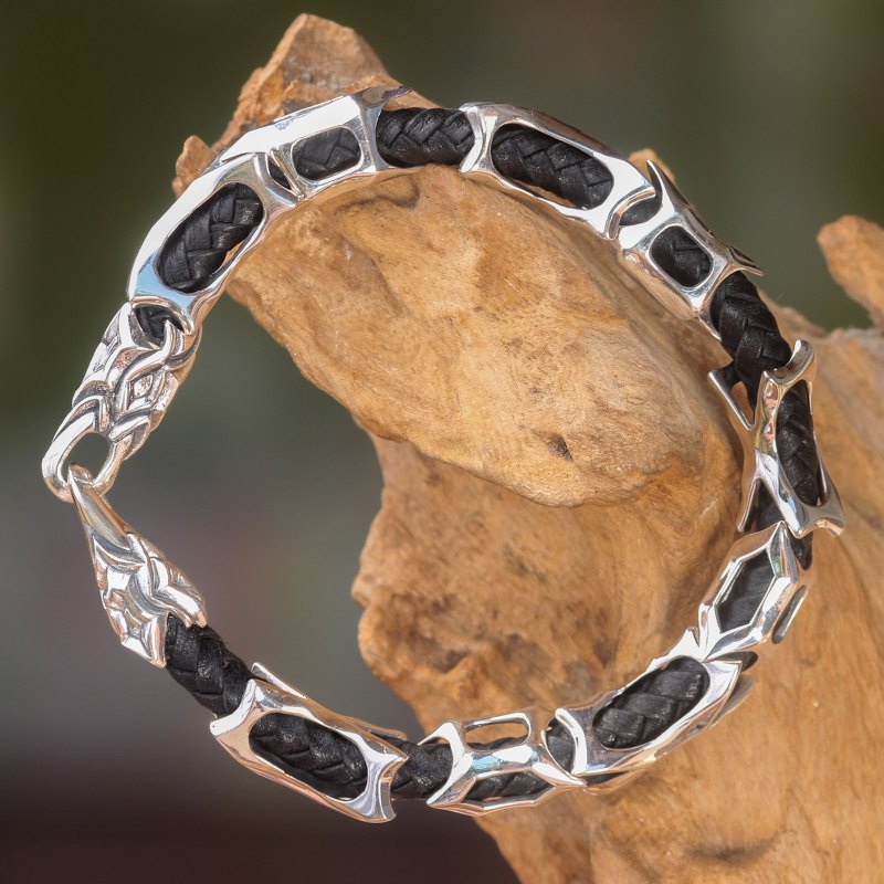 Sterling Silver and Braided Black Leather Men's Bracelet, "Bone Dragon"