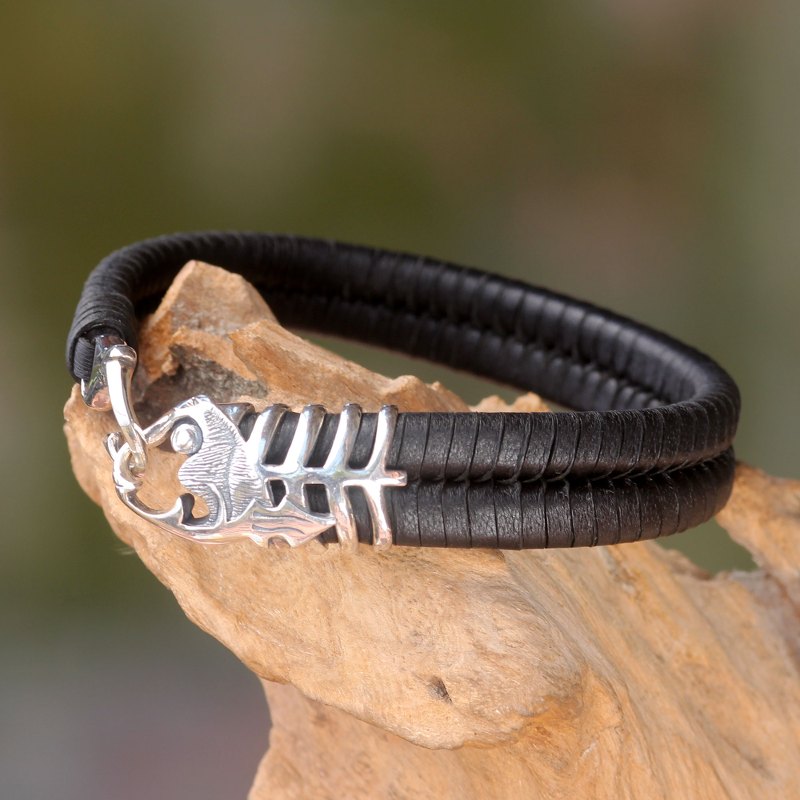 Unique Fish Themed Men's Leather and 925 Silver Bracelet, "Gone Fishing"