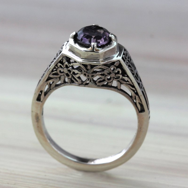 Ornate Amethyst Solitaire Ring with Silver Floral Cutouts, "Magic Garden"