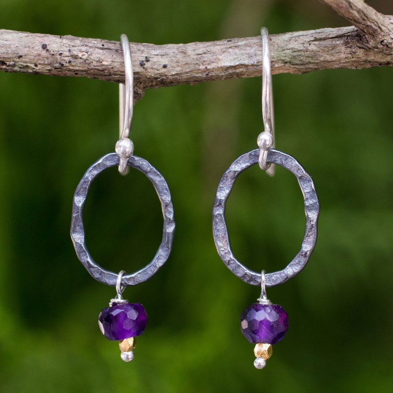 Thai Hammered Silver and Amethyst Dangle Earrings, "Forged in Wisdom"