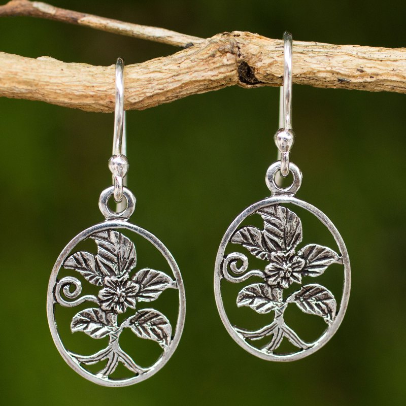 Thai Artisan Crafted Flower Theme Silver Hook Earrings, "Hollyhocks"
