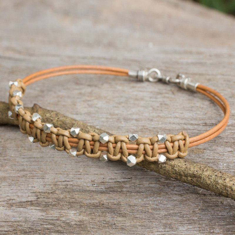 Hand Crafted Men's Bracelet in Tan Leather and Silver 950, "Cool Tan on Brown"
