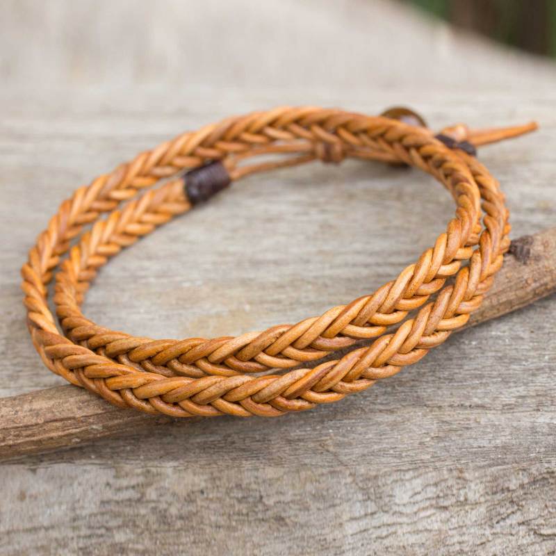 Golden Brown Leather Braid Wrap Bracelet for Men, "Double Hug"